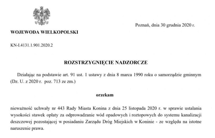 Wojewoda stwierdził nieważność uchwały rady miasta w sprawie opłaty za deszczówkę