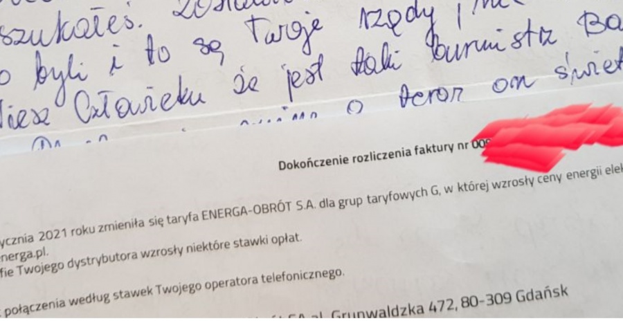 Burmistrz dostał list z pogróżkami. Napisany jest na fakturze za energię z numerem klienta