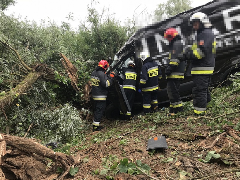 Wypadł z drogi, dachował i uderzył w drzewo. Groźny wypadek w Wymysłowie 