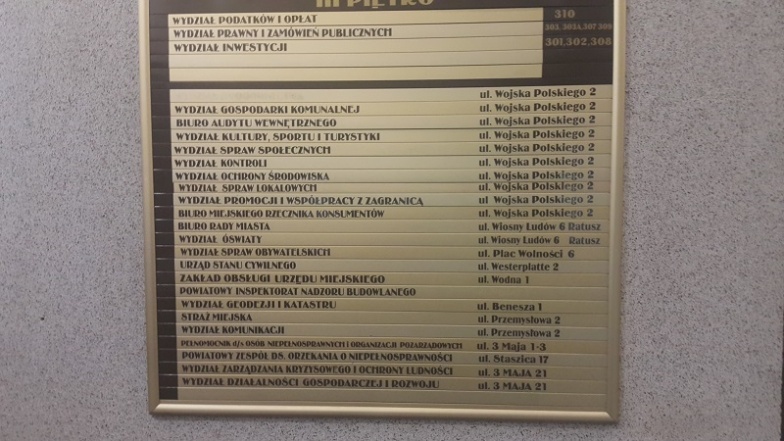 Tablice w urzędzie miejskim ze starymi wydziałami. Po naszej interwencji będą zmienione  