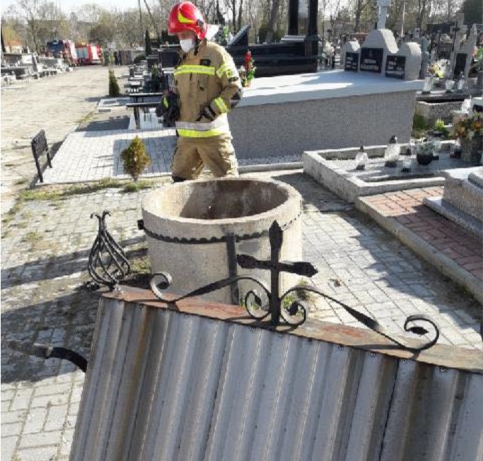 Kobieta na cmentarzu wpadła do studni. Strażacy odcięli dach