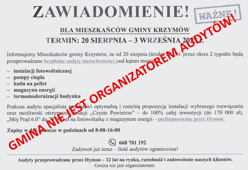 Uwaga! Urząd nie organizuje audytów nieruchomości!