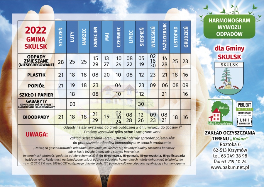 Harmonogram wywozu odpadów dla gminu Skulsk na rok 2022