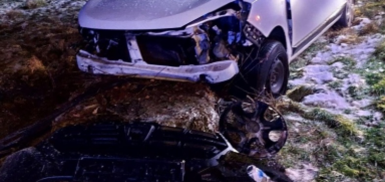 Uderzył w pień po ściętym drzewie. Auto dachowało