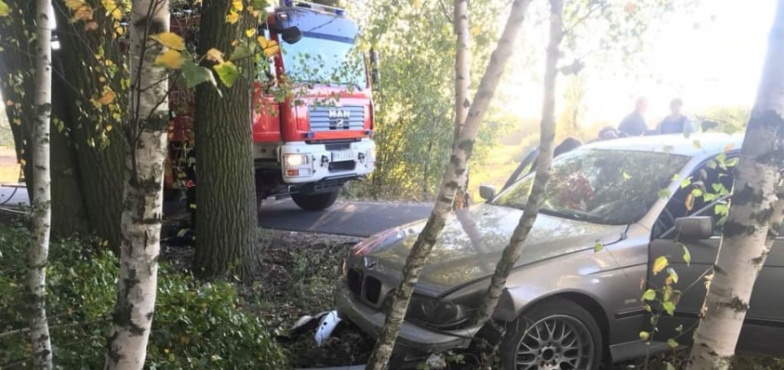 Jedna osoba ranna. Auto zatrzymało się w przydrożnym lesie