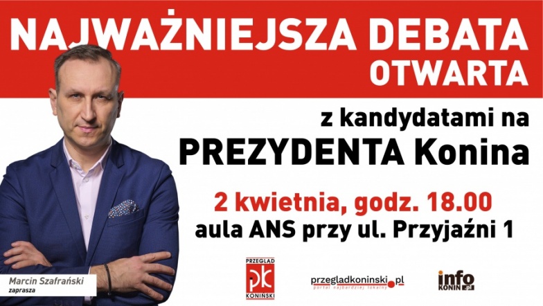 Zapraszamy na debatę kandydatów na prezydenta Konina. Jakie zadadzą sobie pytania? To już 2 kwietnia o 18.00