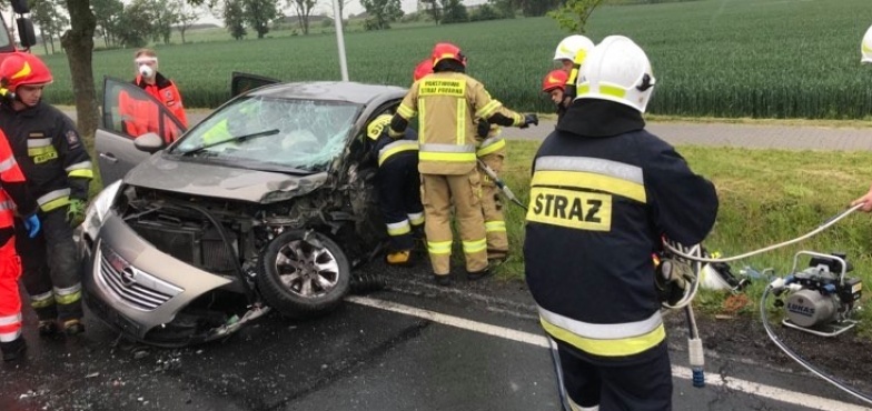 Potrzebne były nożyce hydrauliczne. Strażacy ratowali osobę poszkodowaną w wypadku 