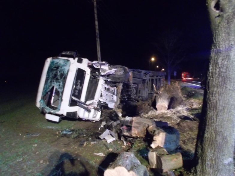 Tir uderzył w drzewo i przewrócił się na pole. Wypadek w Kijowcu  