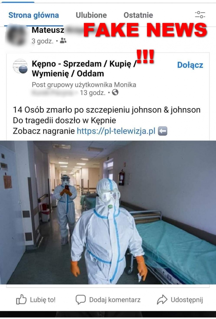 Informacja na Facebooku o kilkunastu osobach, które jednocześnie zmarły po podaniu szczepionki to „fake news” wymyślony przez oszustów! Policja ostrzega