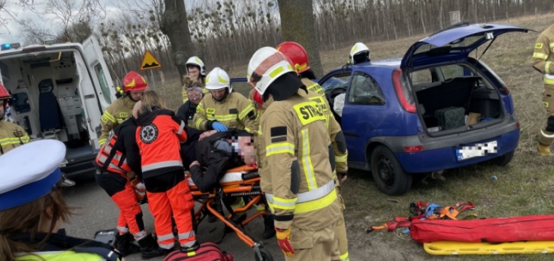 Osobówka czołowo uderzyła w drzewo. Strażacy wydobyli ze środka kierowcę