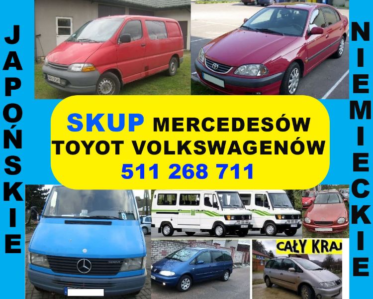 Skup aut Toyota Corolla Avensis Hiace Picnic Carina Hilux i inne. Skup MERCEDESÓW Sprinter, Kaczka, Vario, Actros, 124, 190, Ckl, Skup Volkswagenów Vw Sharan Crafter Golf i inne auta