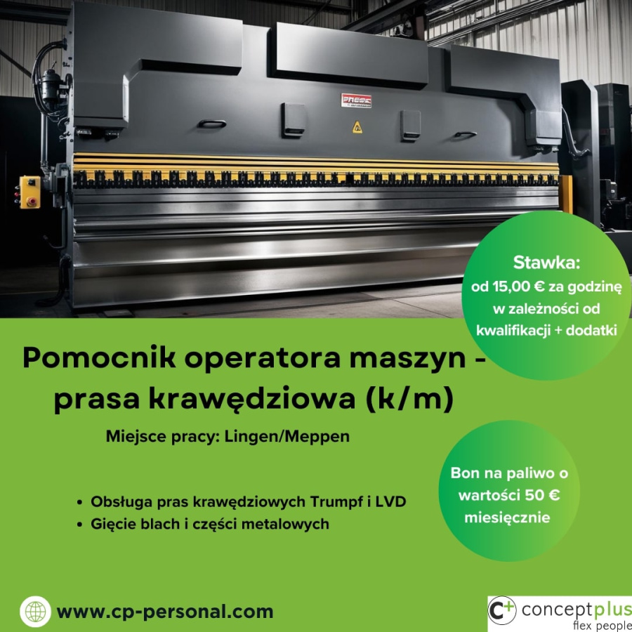 Pomocnik operatora maszyn – prasa krawędziowa (k/m) – Niemcy